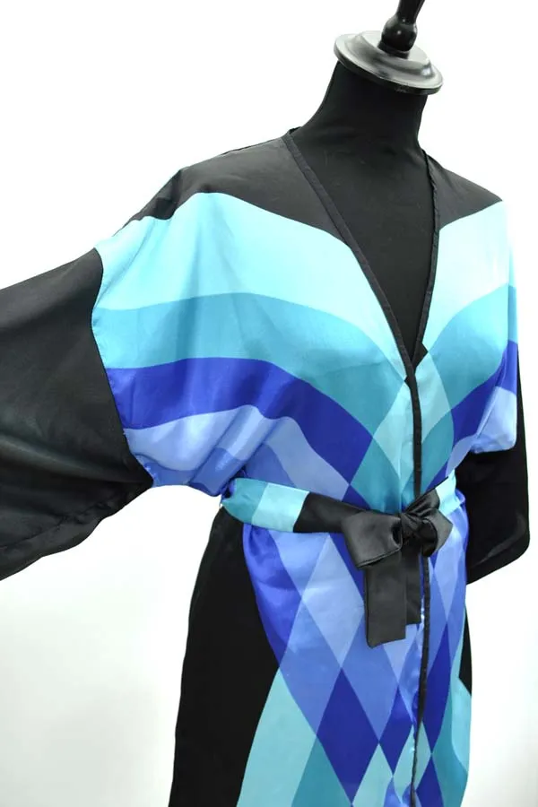 1970s Vintage Harrods Blue and Black Kimono Robe • Gottex