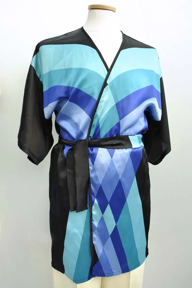 1970s Vintage Harrods Blue and Black Kimono Robe • Gottex