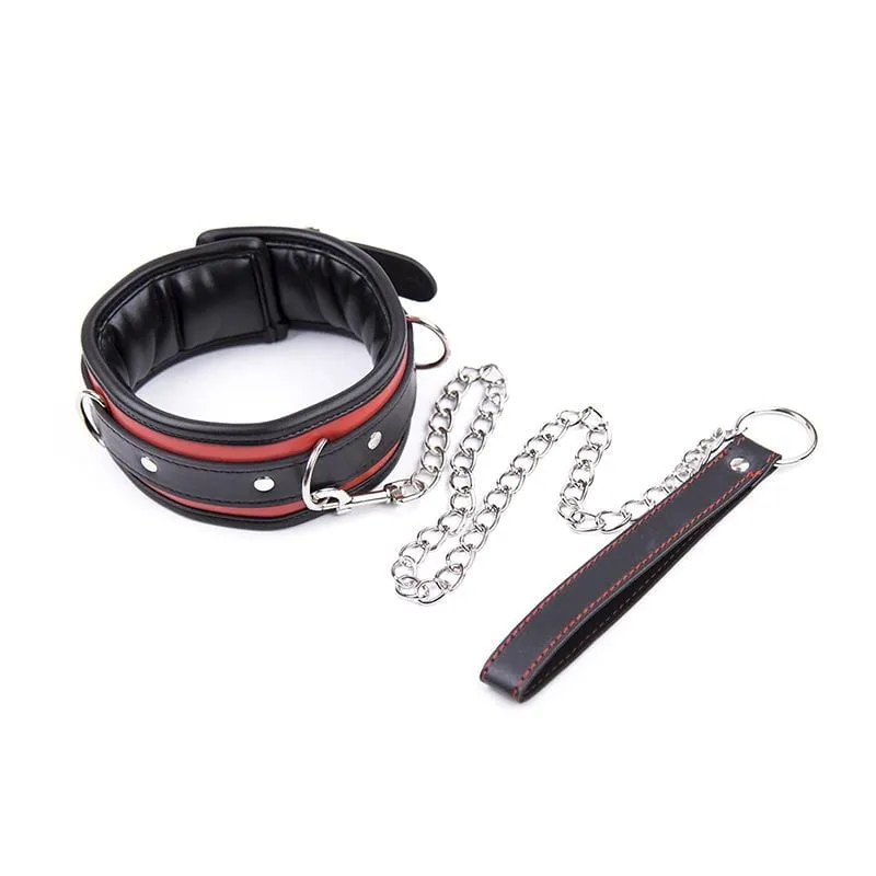 2503MQ      Locking Padded and Lined Black and Red Bondage Collar with Leash Set