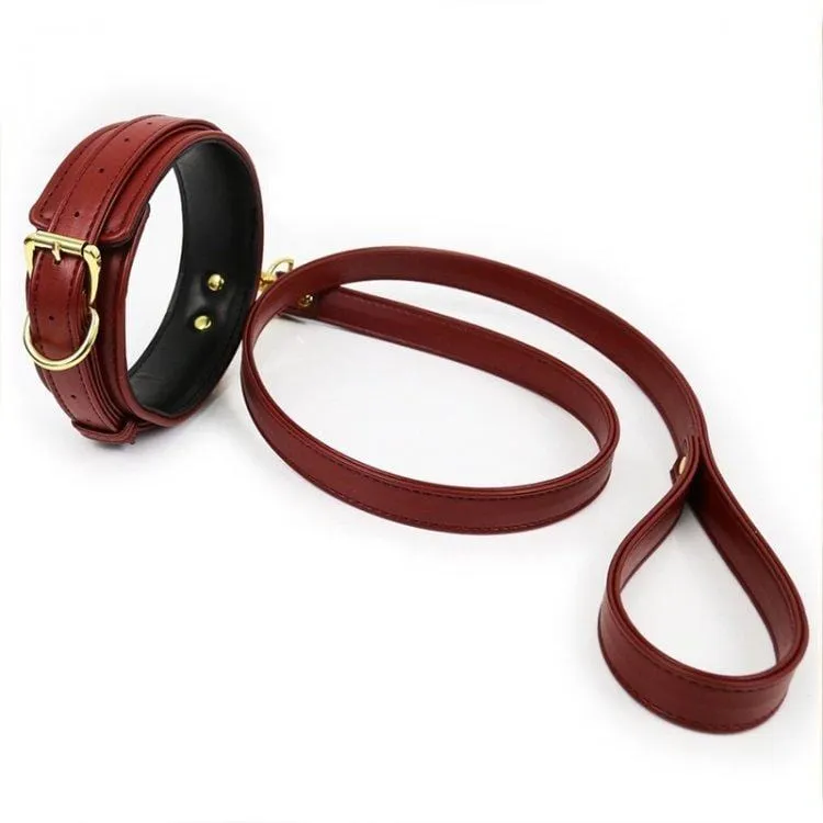 2504M      Crimson Red Gold Standard Padded Bondage Collar and Leash Set