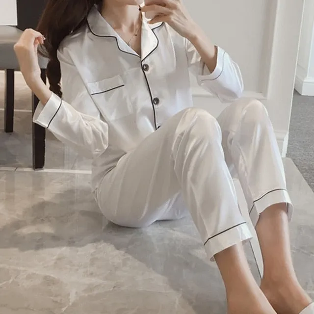 2PCS Pajamas Sets Women Lapel Silk-Like