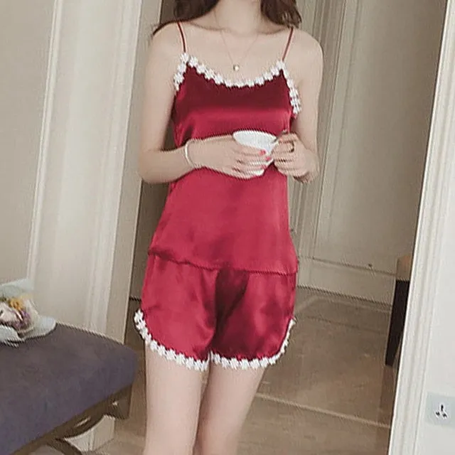 2PCS Pajamas Sets Women Lapel Silk-Like