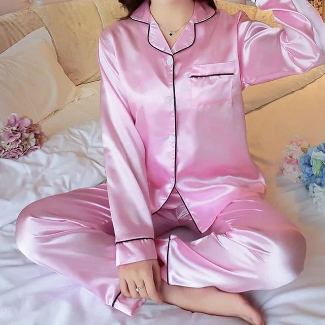 2PCS Pajamas Sets Women Lapel Silk-Like