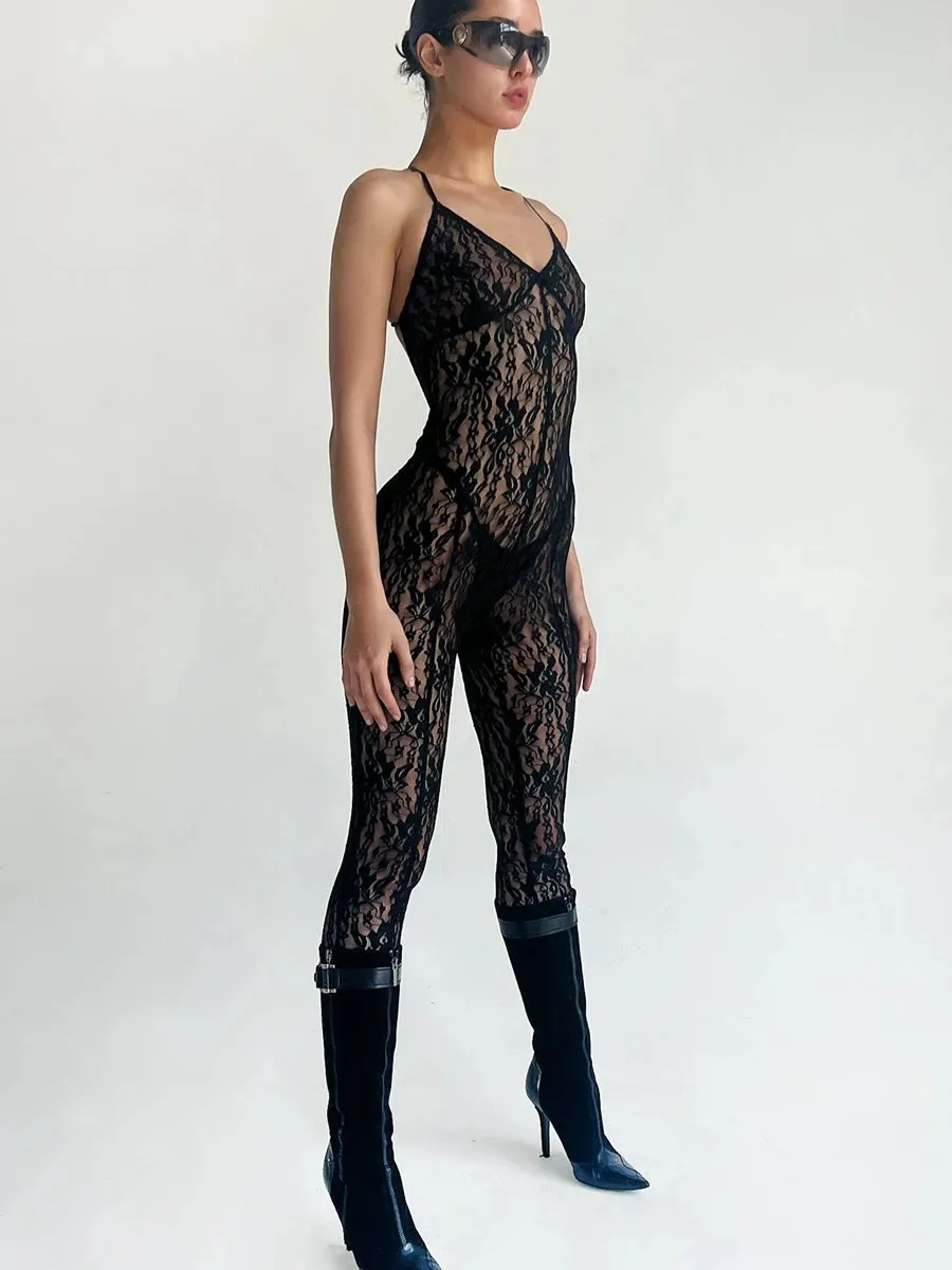 Amozae-Women's Sexy Backless Night Romper Onesies Sleepwear Sleeveless Full Lace See-through Sheer Mesh Bodycon Long Jumpsuit