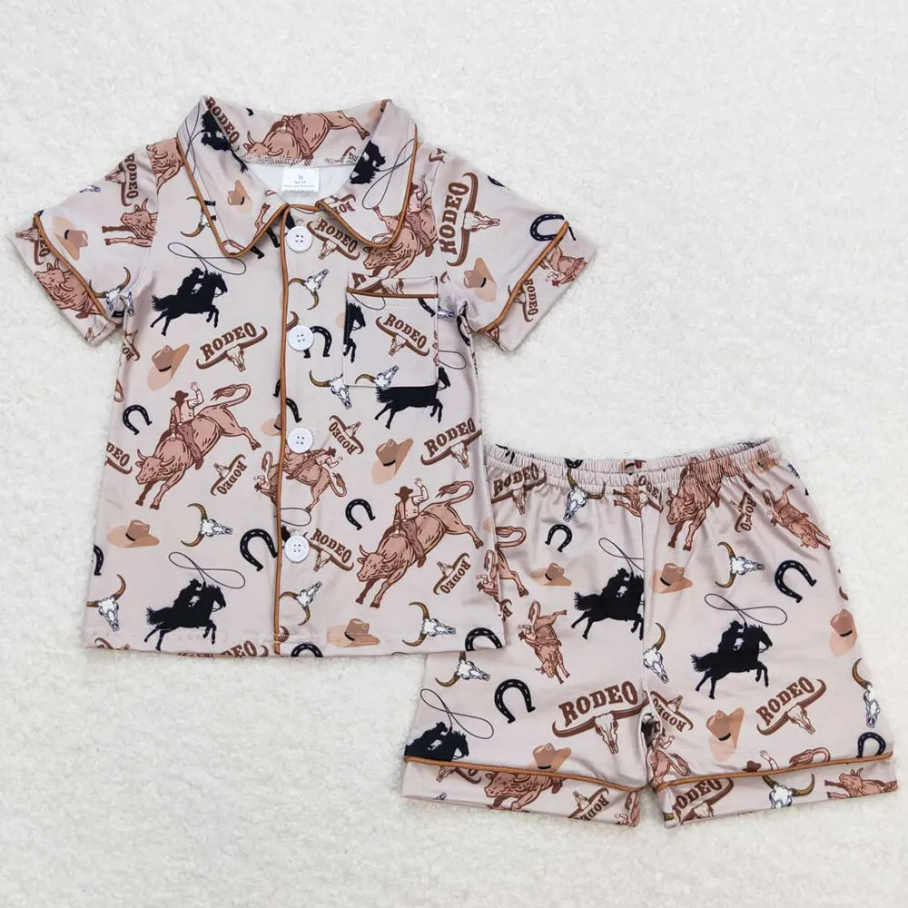 Baby Boys Pajamas Grey Rodeo Horse Shirt Buttons Top Shorts Pajamas Sets BSSO0761