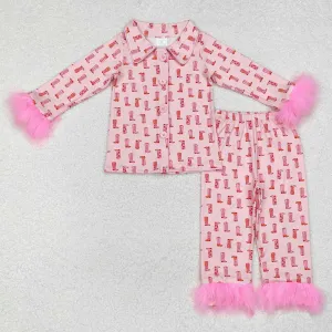 Baby Girls Pajamas Western Pink Boots Fur Top Pants Pajamas Sleepwear Sets GLP1868