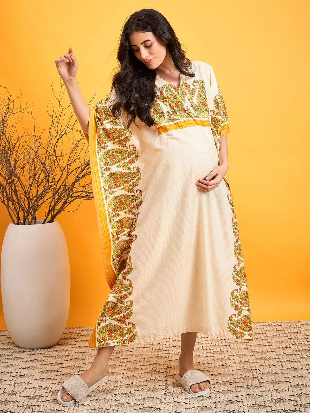 Beige Paisley Maternity Lounge Dress