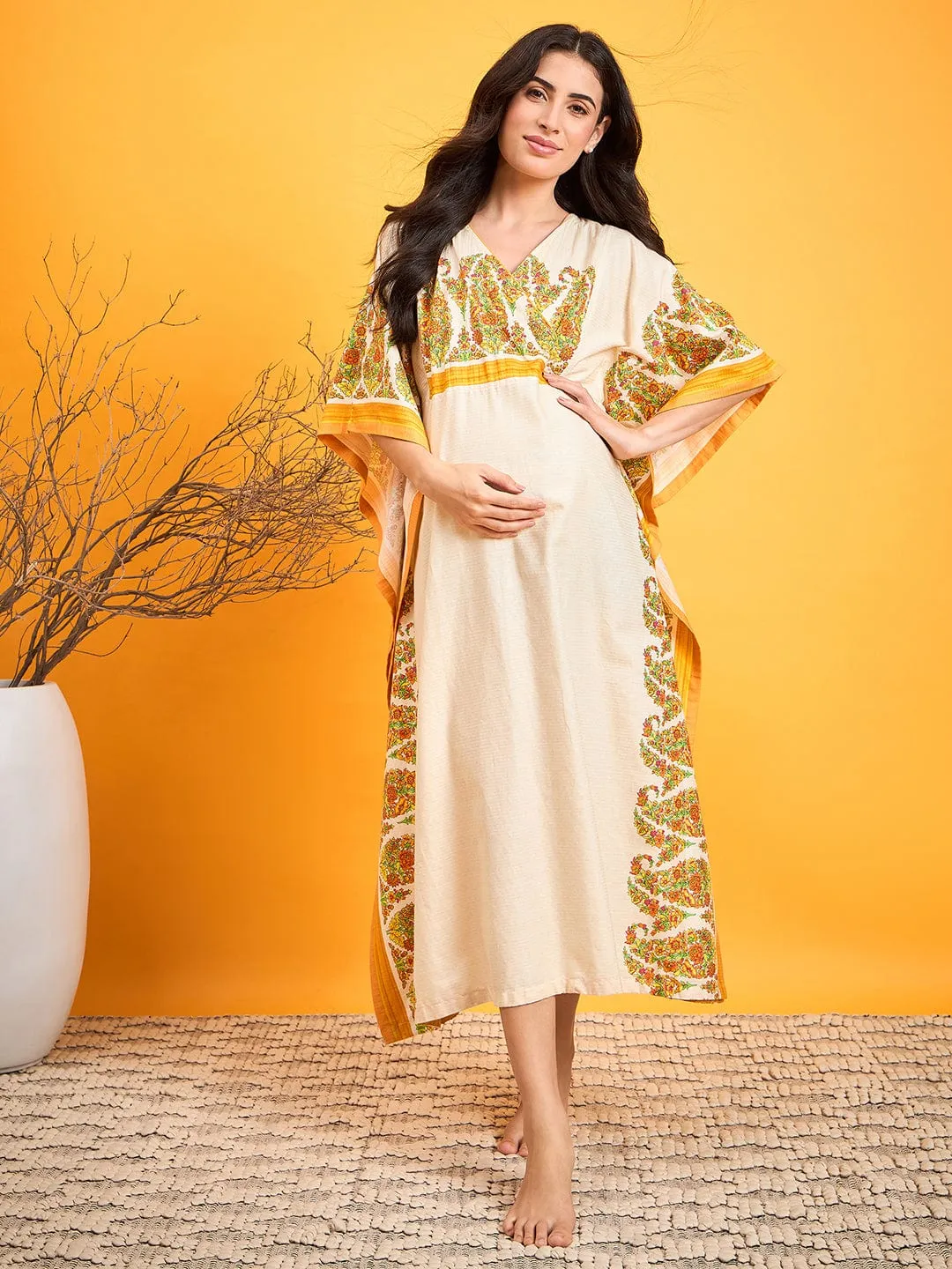 Beige Paisley Maternity Lounge Dress