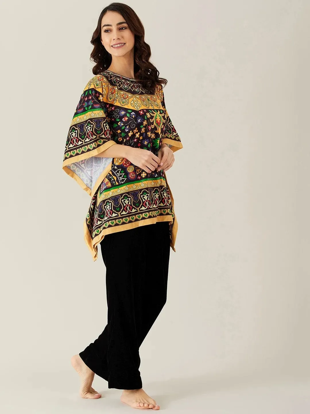 Black Floral Baroque Velvet Kaftan Pyjama Set - (Clearance - Final Sale)