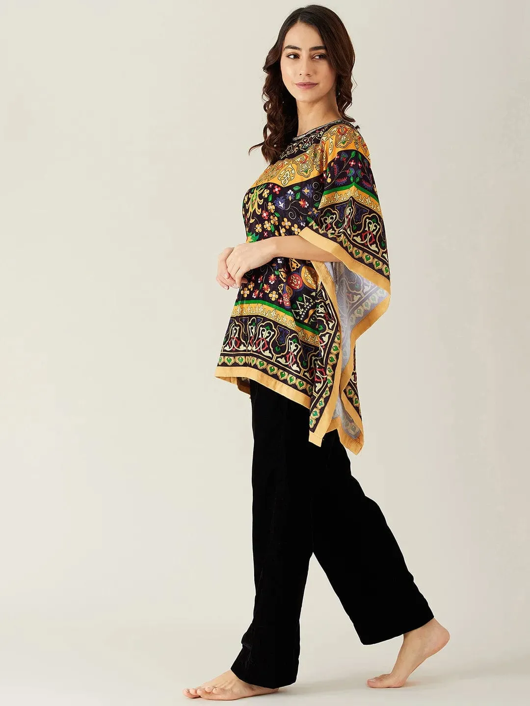 Black Floral Baroque Velvet Kaftan Pyjama Set - (Clearance - Final Sale)