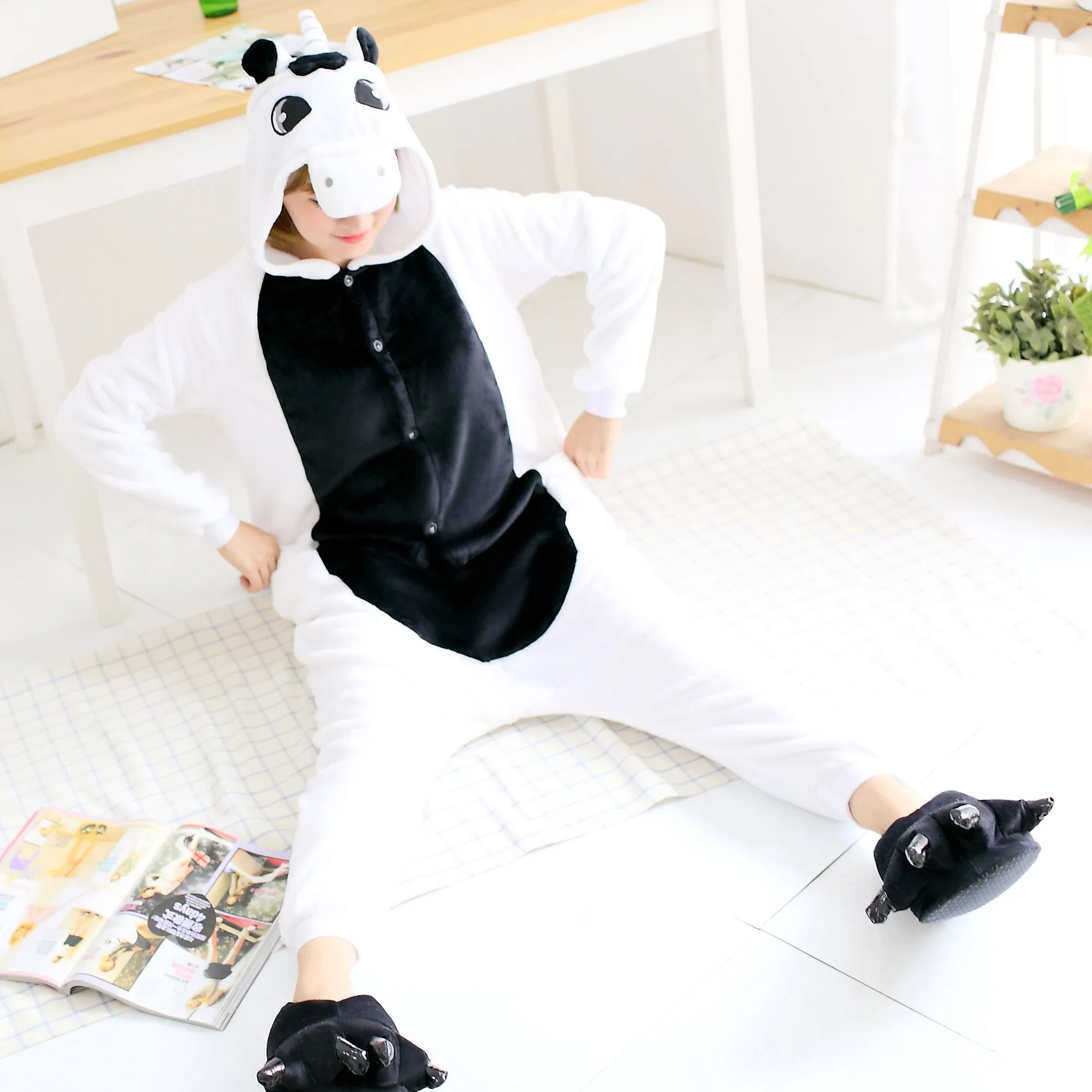 Black White Unicorn Pegasus Kigurumi Onesies Hoodie Costume Pajamas