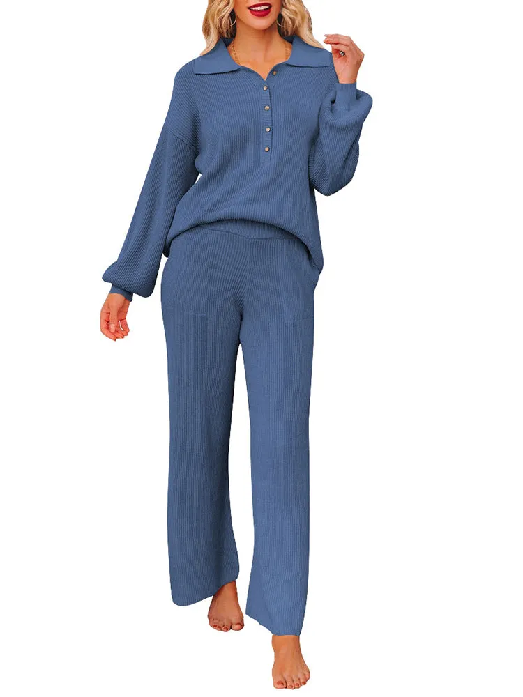 Button Knit Loungewear Puff Sleeve Top Lounge Pants 2 Pieces Sweatsuit