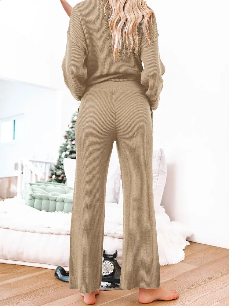 Button Knit Loungewear Puff Sleeve Top Lounge Pants 2 Pieces Sweatsuit