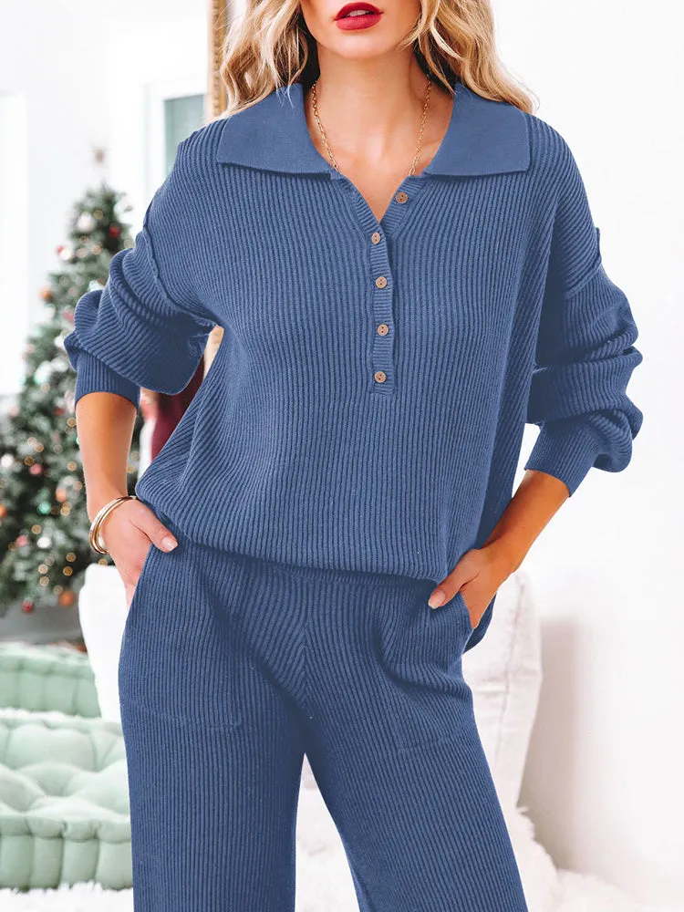 Button Knit Loungewear Puff Sleeve Top Lounge Pants 2 Pieces Sweatsuit