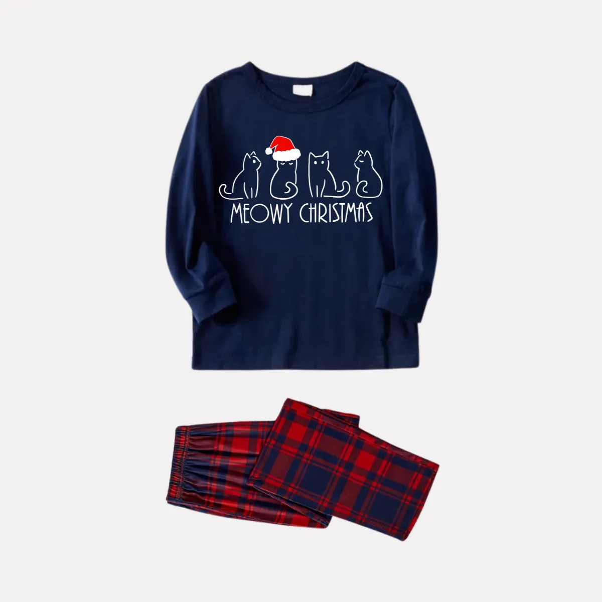 Christmas Cat Print Blue Long Sleeve Top with Red & Blue Plaid Christmas Family Matching Pajamas