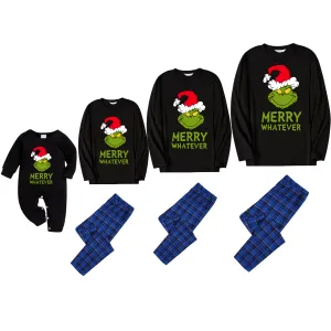 Christmas Matching Cartoon Face and Text Print Black Long Sleeve Top with Blue & Black Plaid Family Matching Pajamas