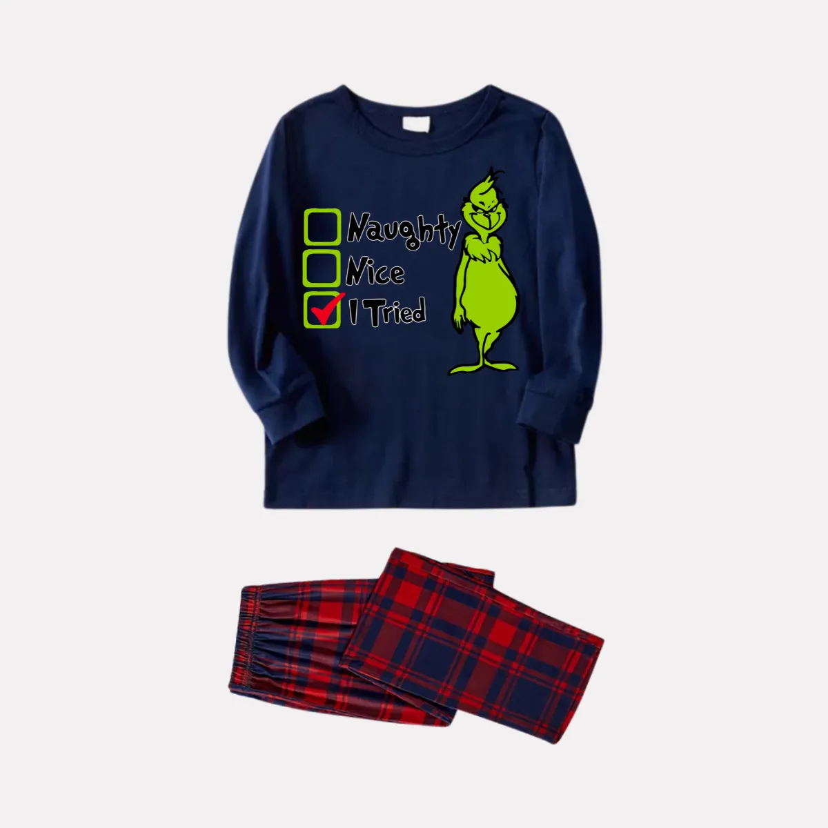 Christmas Matching Cartoon Pattern and Text Print Blue Long Sleeve Top with Red & Blue Plaid Family Matching Pajamas