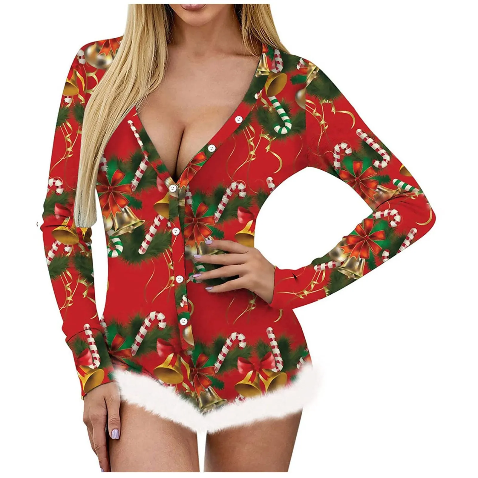 Christmas Onesie Women Winter Long Sleeve Christmas Print Faux Fur Romper Ladies Comfy Bodysuit Jumpsuit Playsuit Pajamas Pyjama