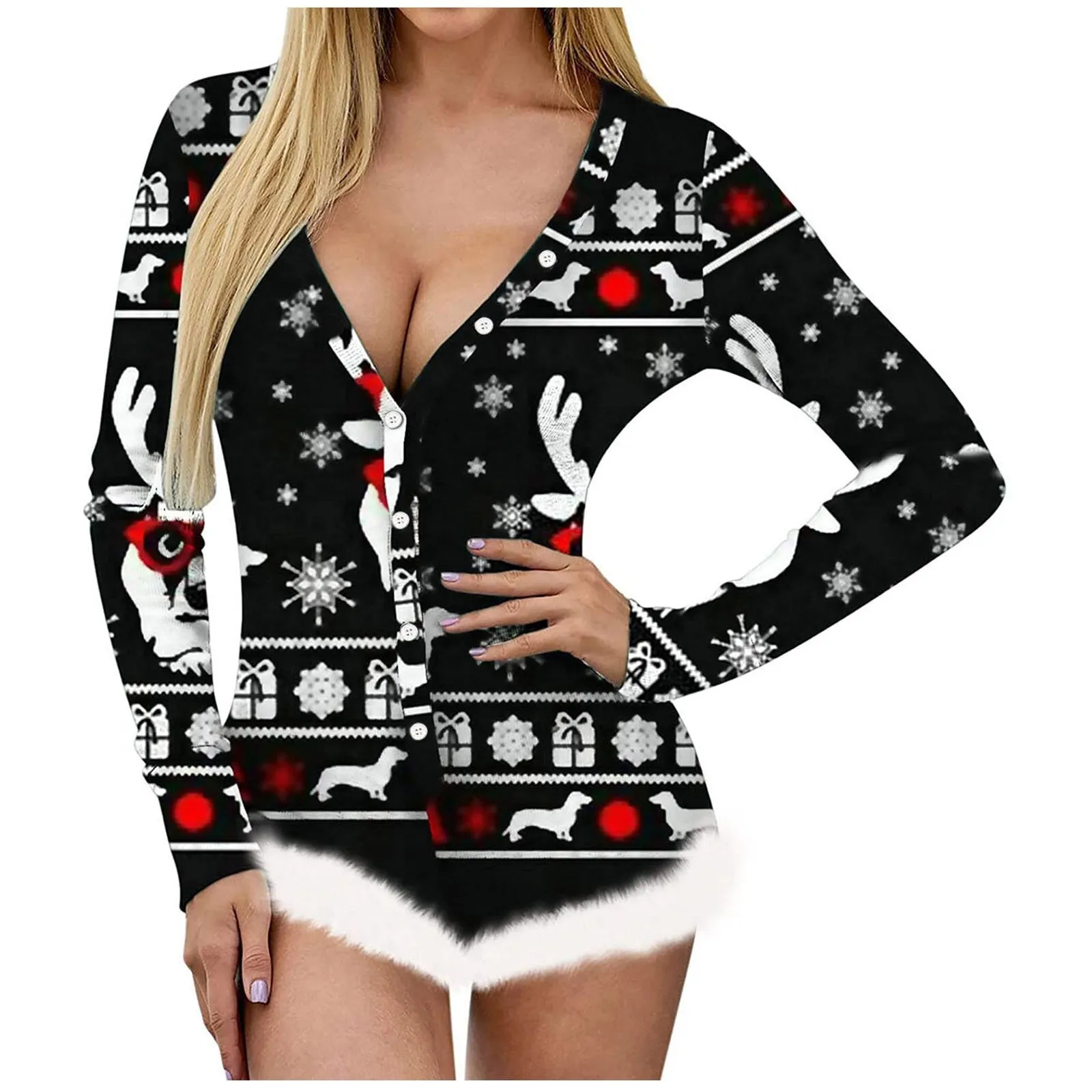 Christmas Onesie Women Winter Long Sleeve Christmas Print Faux Fur Romper Ladies Comfy Bodysuit Jumpsuit Playsuit Pajamas Pyjama