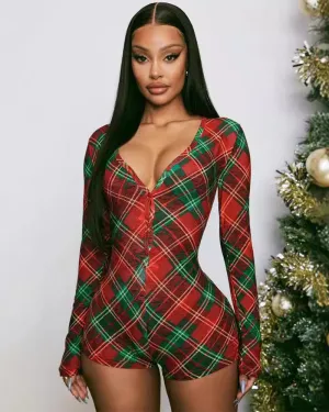 Christmas Plaid Long Sleeve Deep V Button Front Romper