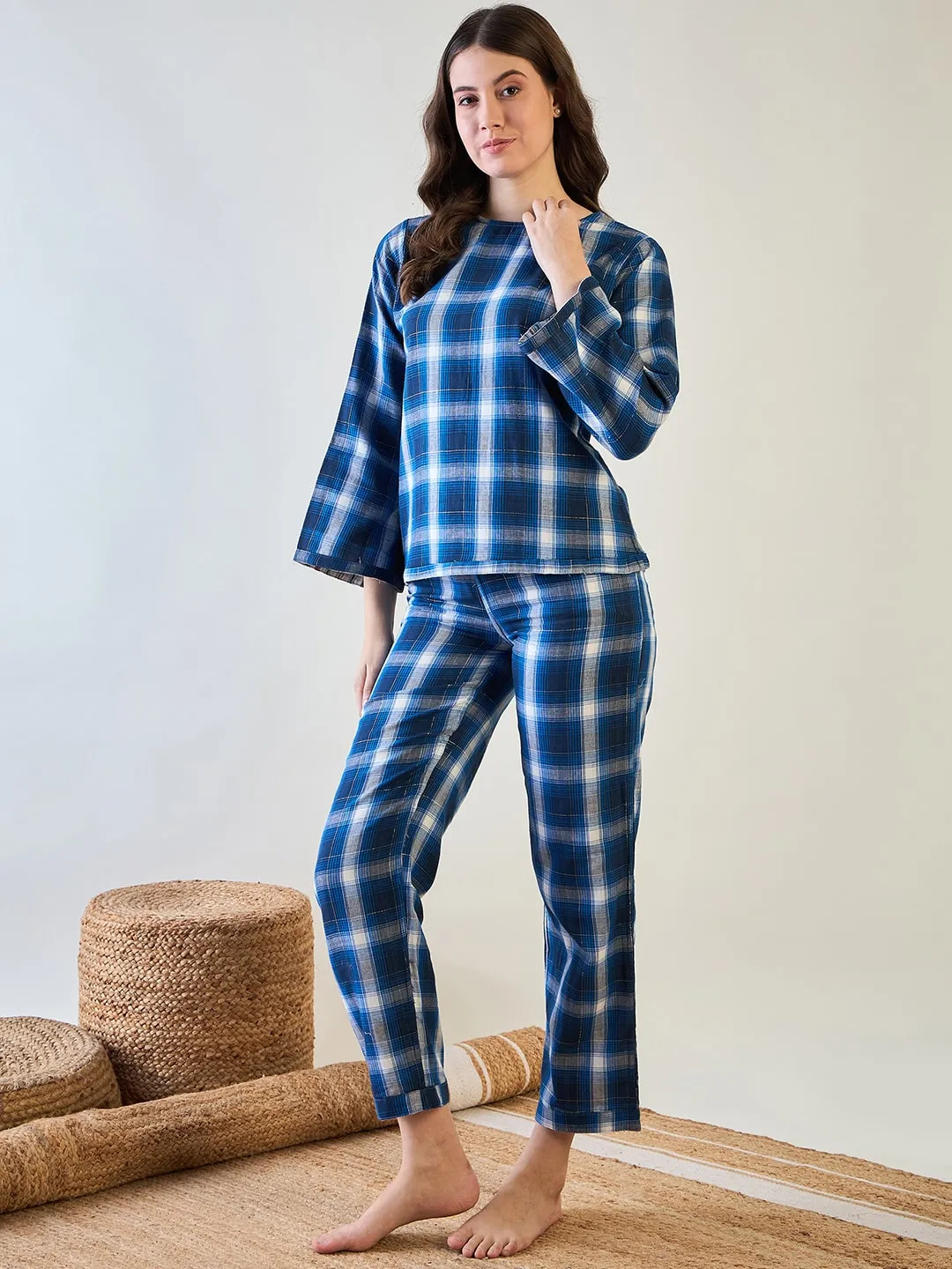 Comfortable Blue Plaid Cotton Pyjama Set