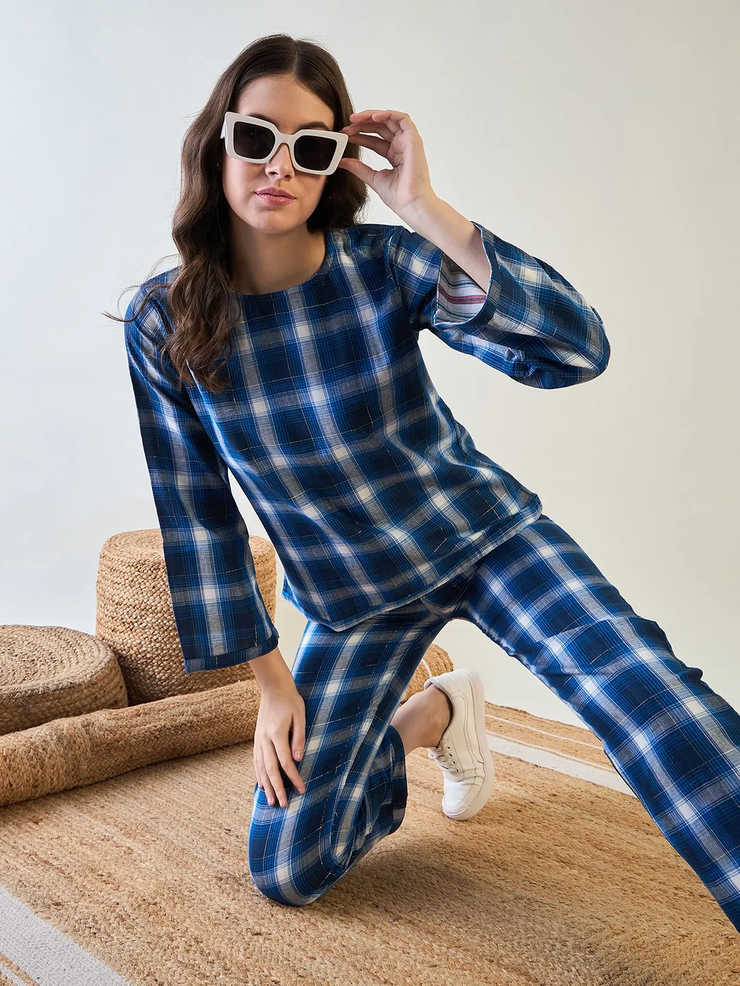 Comfortable Blue Plaid Cotton Pyjama Set