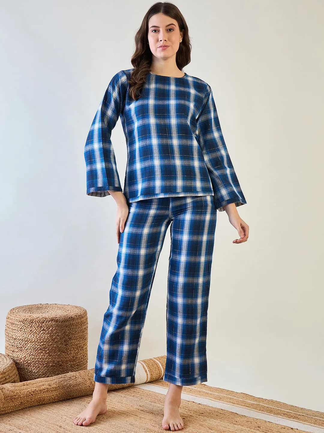 Comfortable Blue Plaid Cotton Pyjama Set