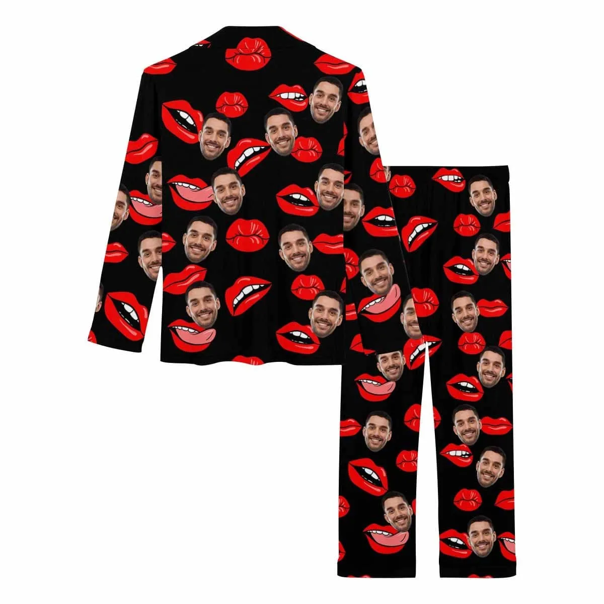 Custom Boyfriend Face Red Lips Sleepwear Personalized Women's Slumber Party Long Pajama Set