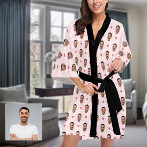 Custom Boyfriend Face Rhombus Women's Short Sleepwear Personalized Photo Pajamas Kimono Robe