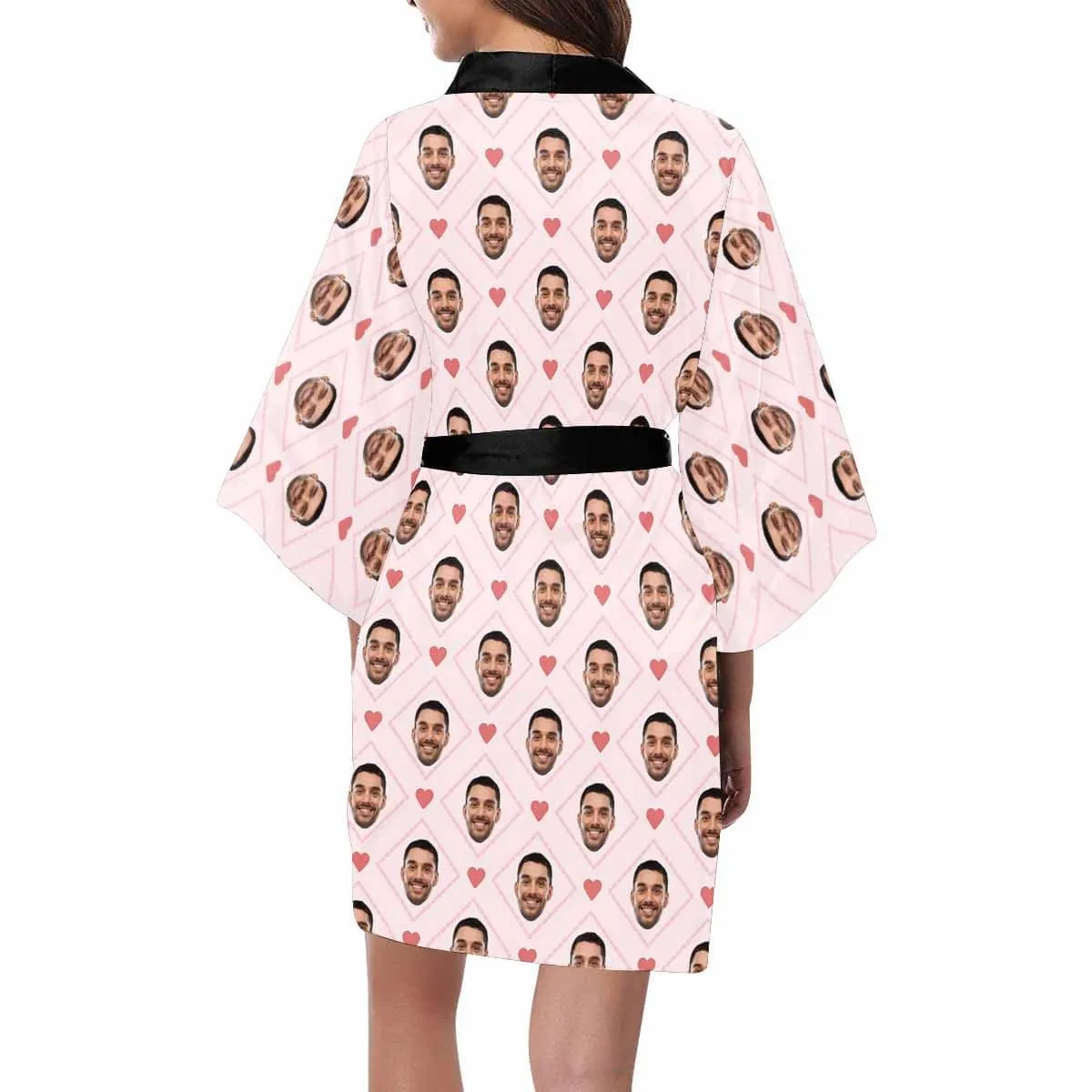 Custom Boyfriend Face Rhombus Women's Short Sleepwear Personalized Photo Pajamas Kimono Robe