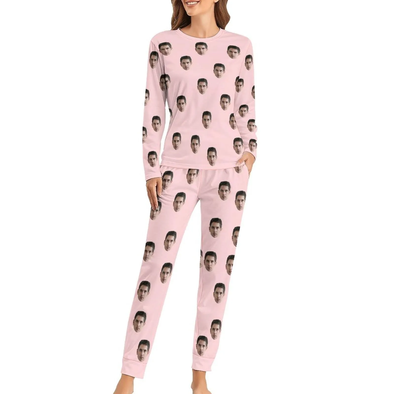 Custom Boyfriend Face Simple Sleepwear Personalized Women's Slumber Party Crewneck Long Pajamas Set