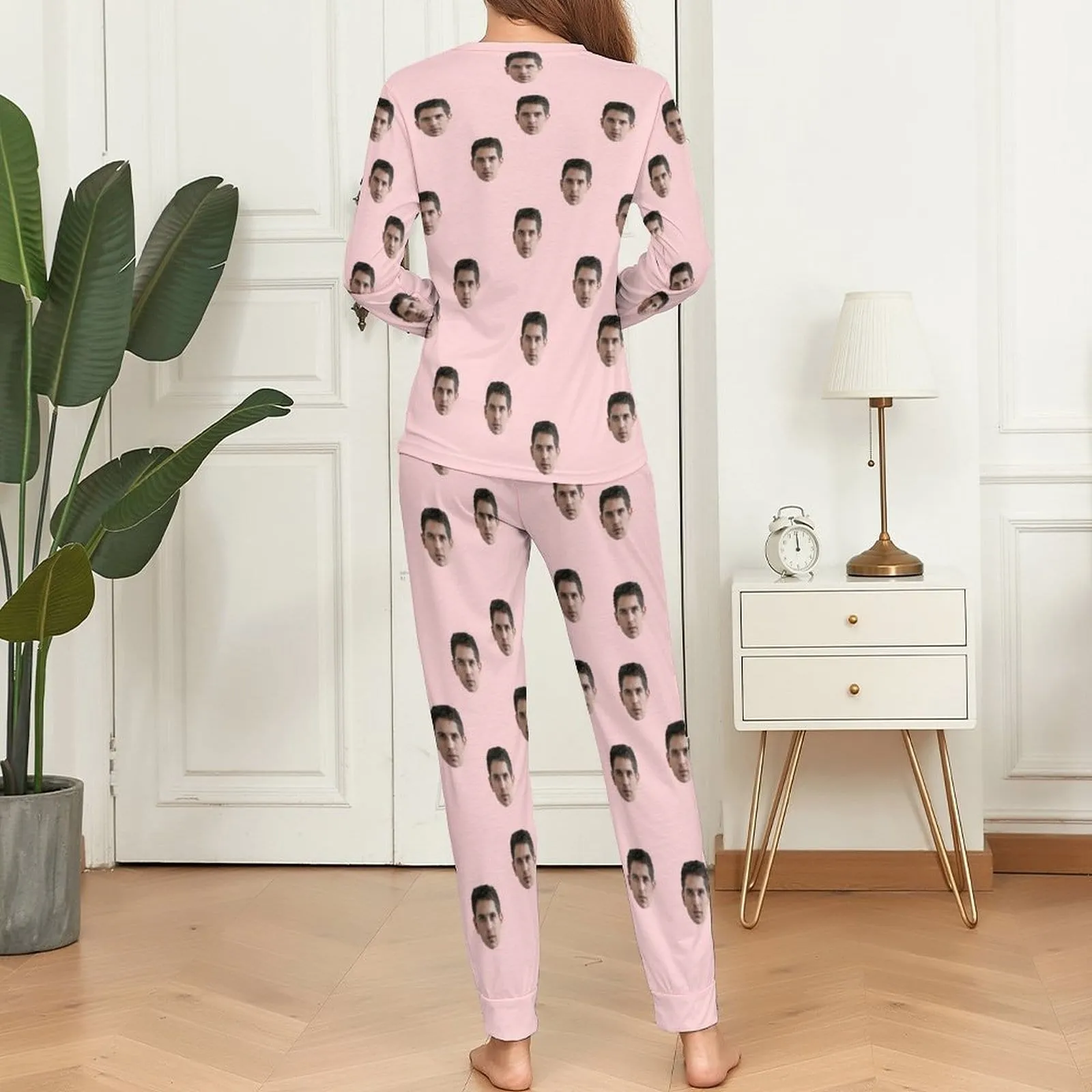 Custom Boyfriend Face Simple Sleepwear Personalized Women's Slumber Party Crewneck Long Pajamas Set