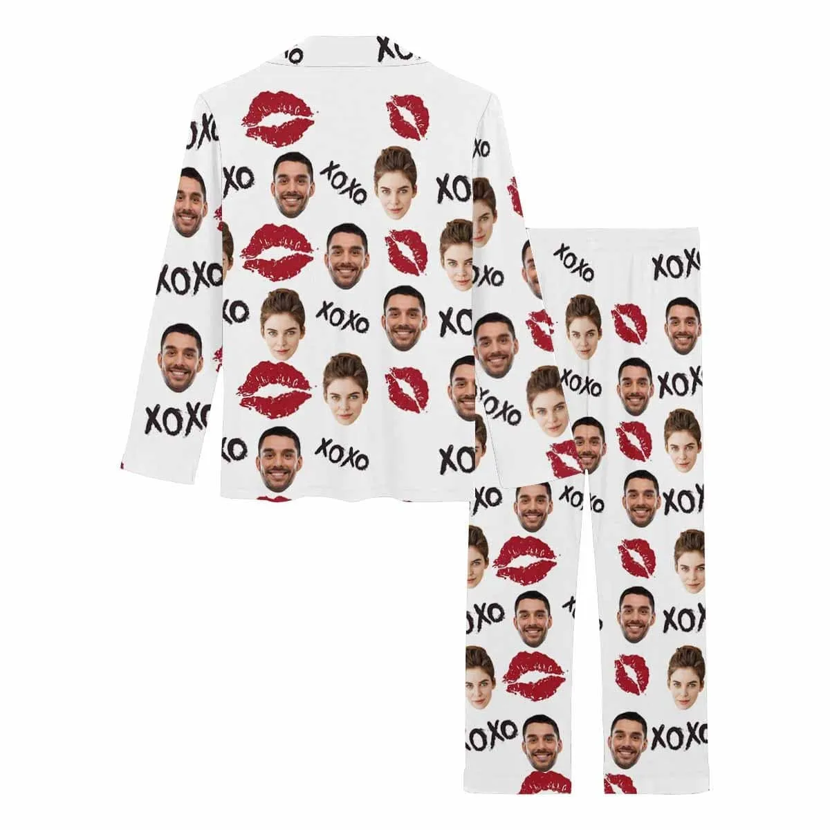 Custom Couple Face Pajamas Red Lips Sleepwear Personalized Women's Slumber Party Long Pajama Set