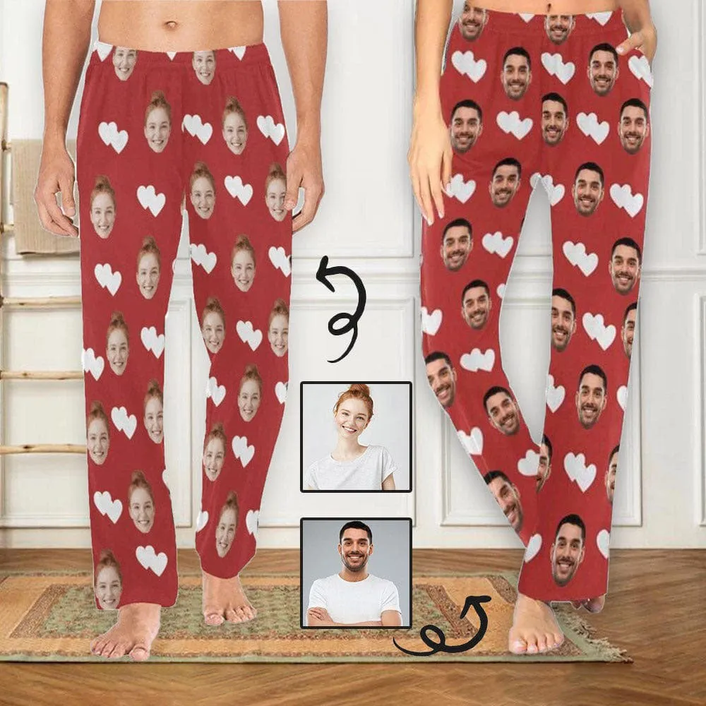 Custom Couple Face White Hearts Red Background Sleepwear Personalized Women's&Men's Slumber Party Long Pajama Pants