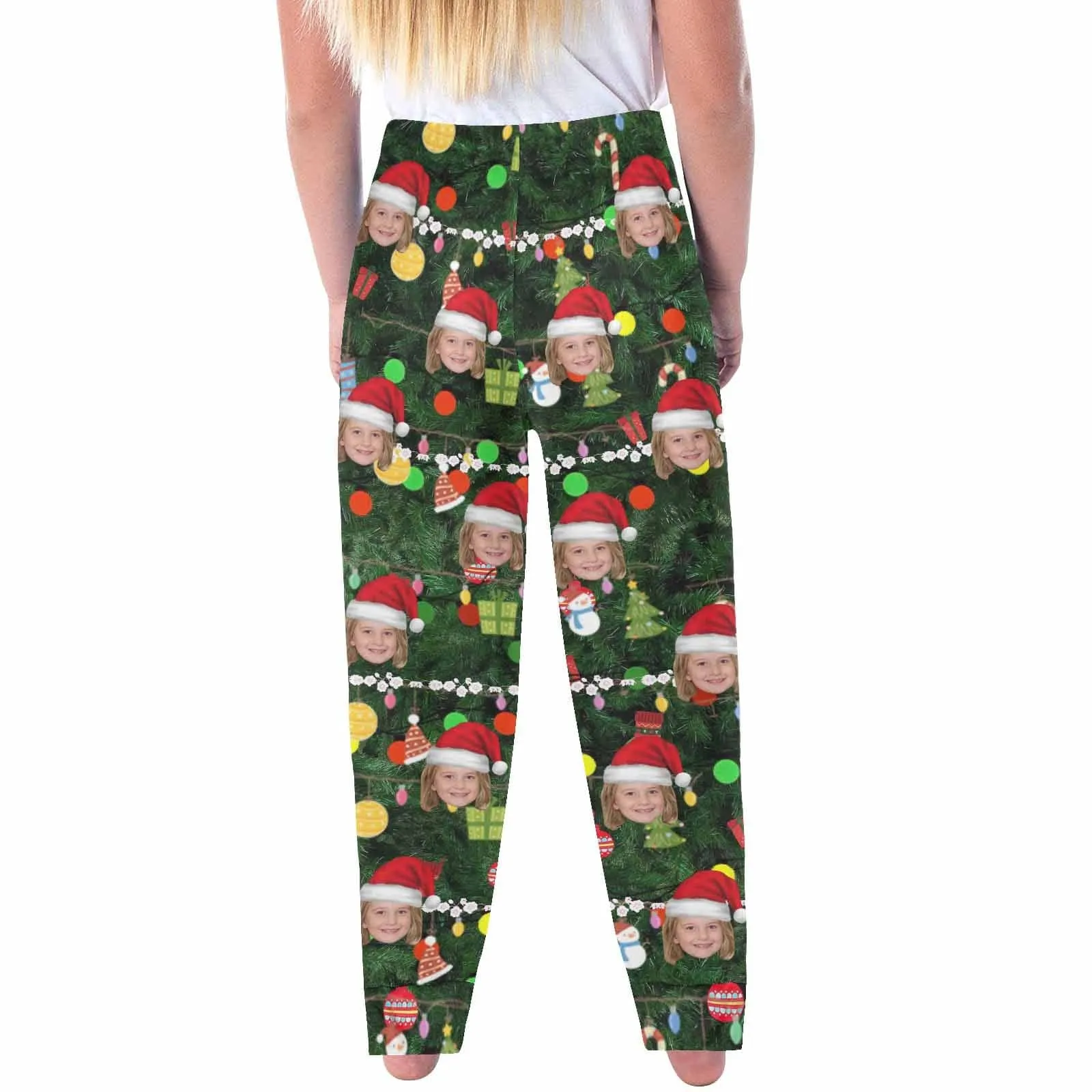 Custom Face Christmas Red Hat Tree Trinkets Sleepwear Personalized Women's&Men's Slumber Party Long Pajama Pants