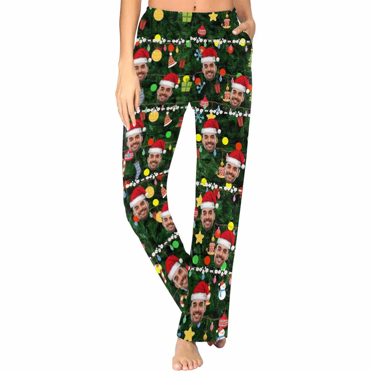 Custom Face Christmas Red Hat Tree Trinkets Sleepwear Personalized Women's&Men's Slumber Party Long Pajama Pants