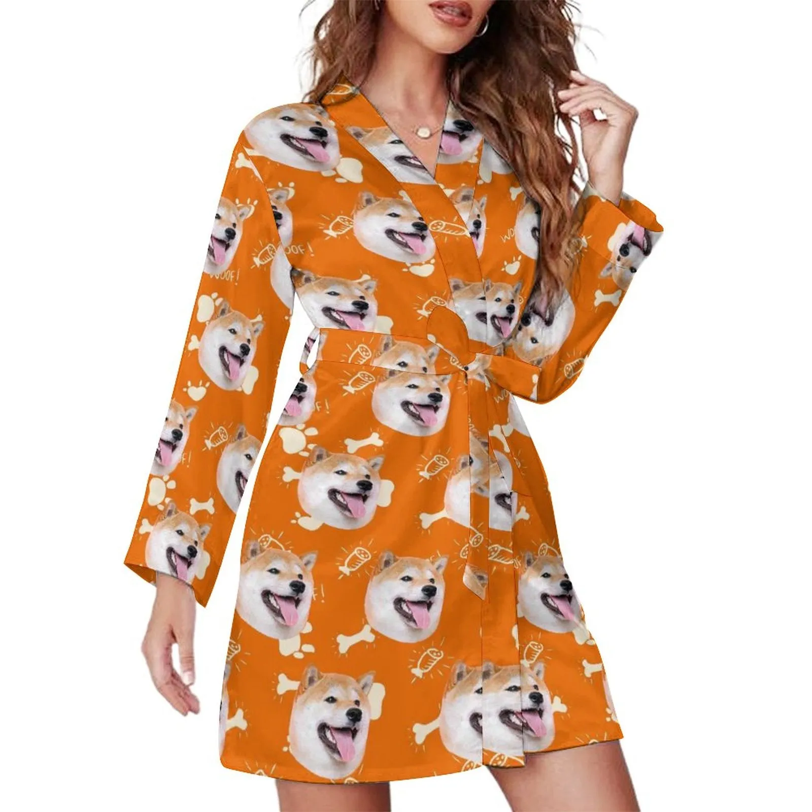 Custom Face Cute Pet Yellow Women's Nightwear Personalized Photo Pajamas Kimono Robe