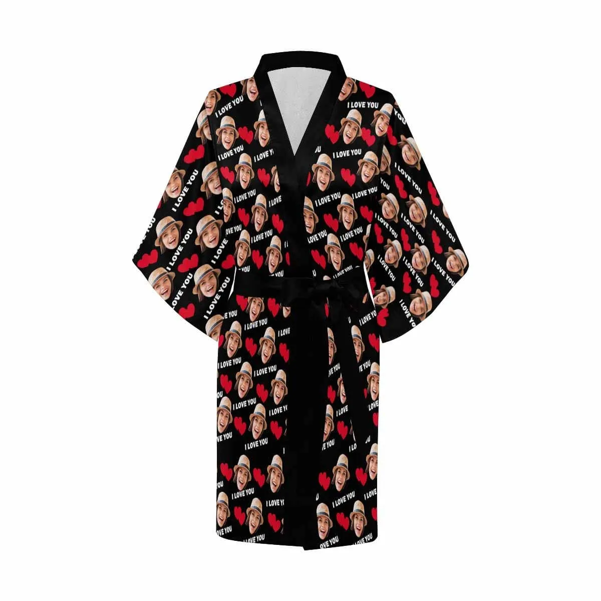 Custom Face I Love You Women's Summer Short Nightwear Personalized Photo Pajamas Kimono Robe