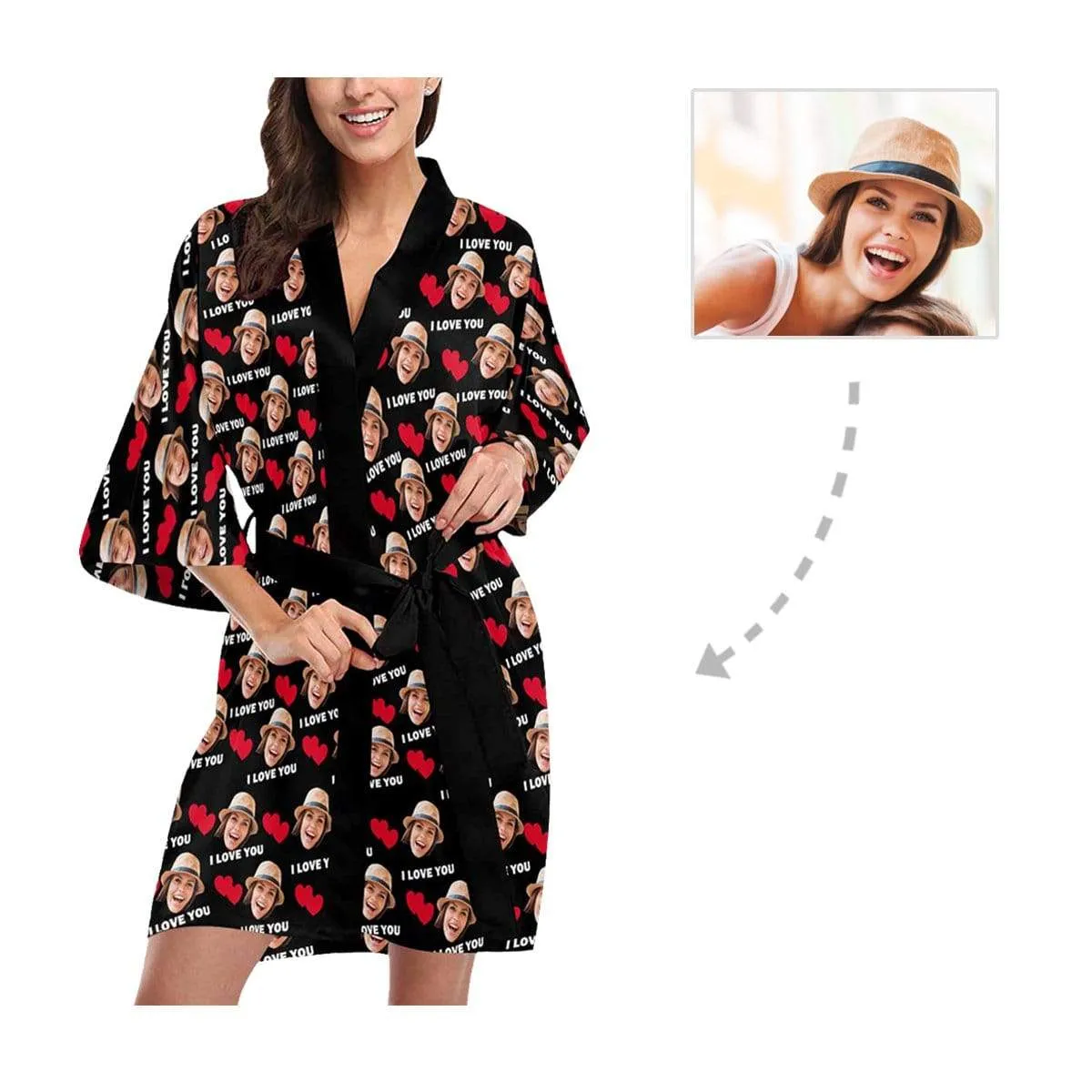 Custom Face I Love You Women's Summer Short Nightwear Personalized Photo Pajamas Kimono Robe