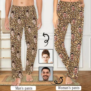 Custom Face Leopard Print Sleepwear Personalized Women's&Men's Slumber Party Long Pajama Pants