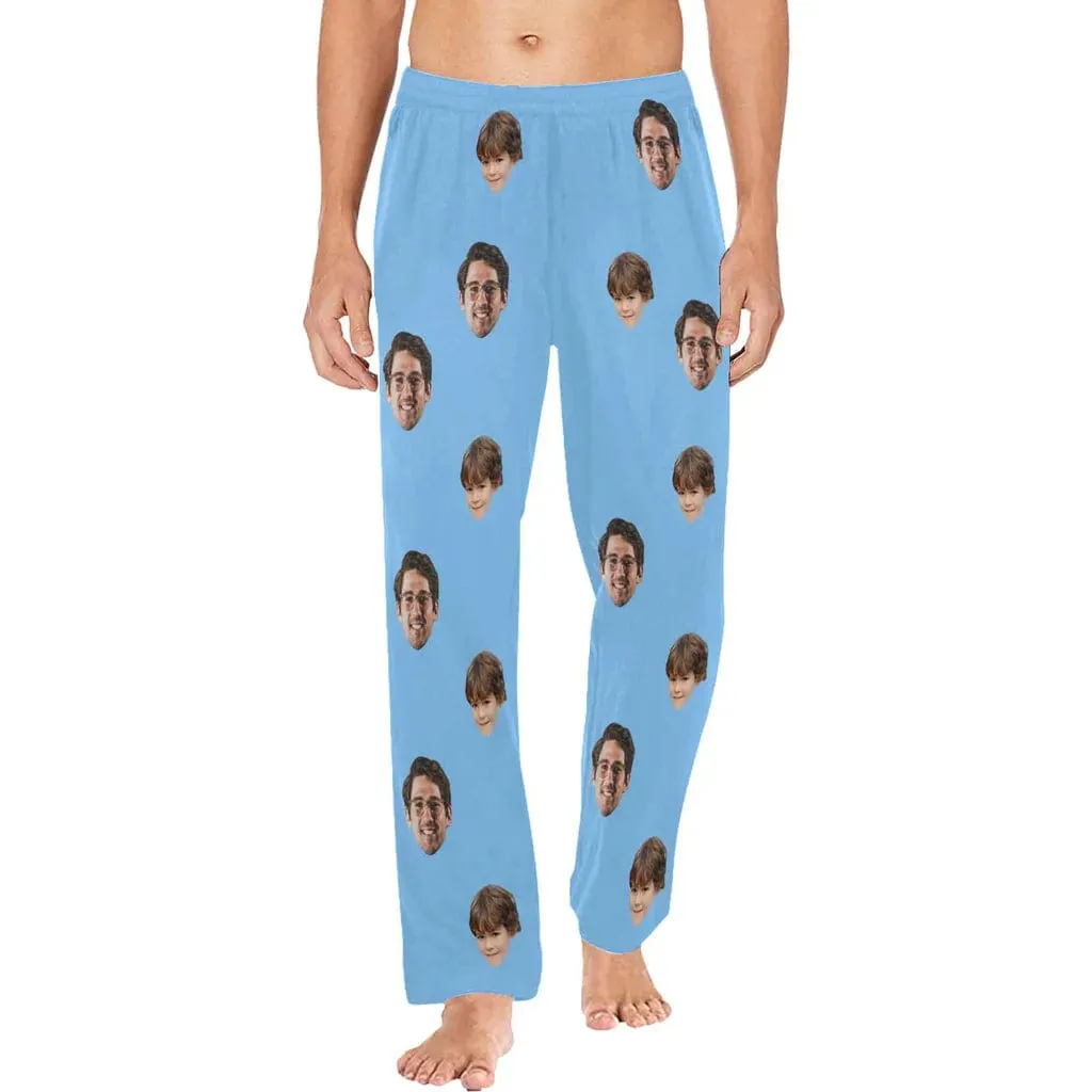 Custom Face Long Pajama Pants Simple Blue Personalized Men's Slumber Party Sleepwear