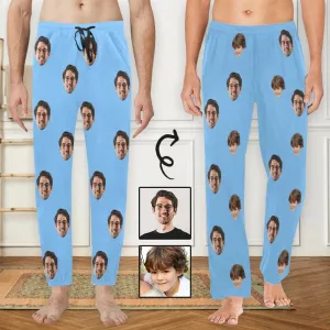 Custom Face Long Pajama Pants Simple Blue Personalized Men's Slumber Party Sleepwear