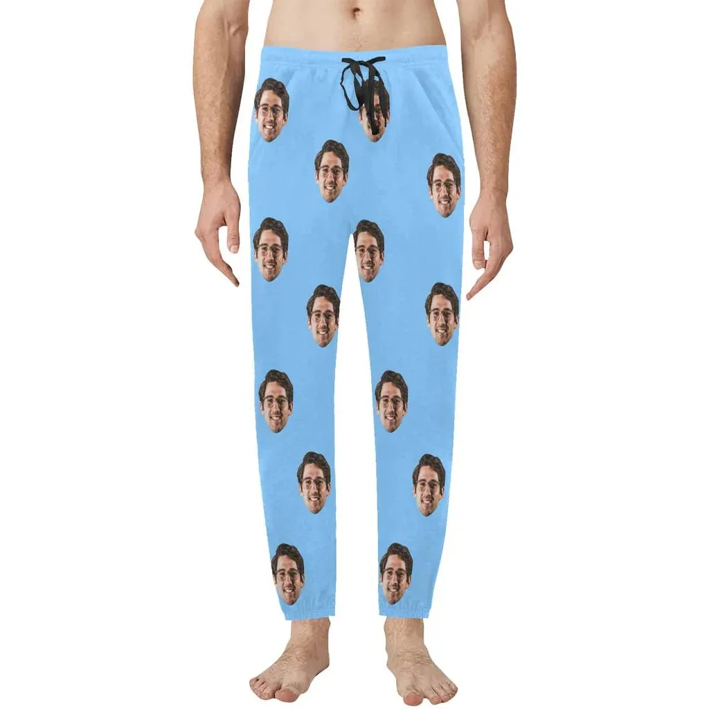 Custom Face Long Pajama Pants Simple Blue Personalized Men's Slumber Party Sleepwear