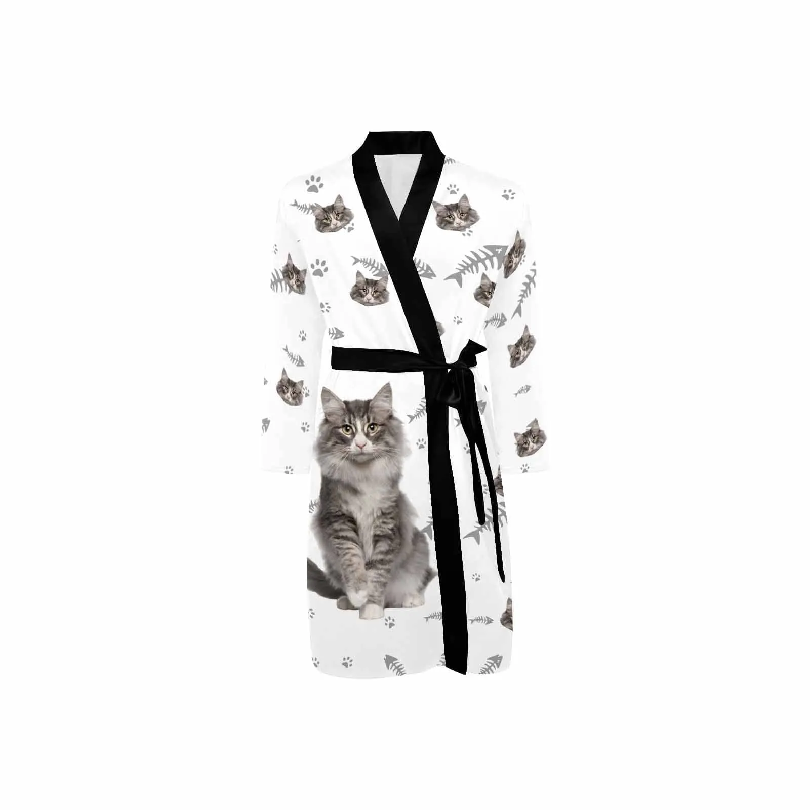 Custom Face Long Sleeve Belted Night Robe for Women Men Cat Pictures Personalized Pajama Kimono Robe