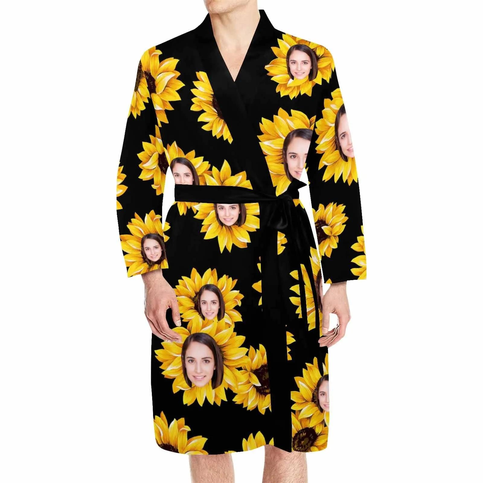 Custom Face Long Sleeve Belted Night Robe for Women Men Sunflower Personalized Pajama Kimono Robe