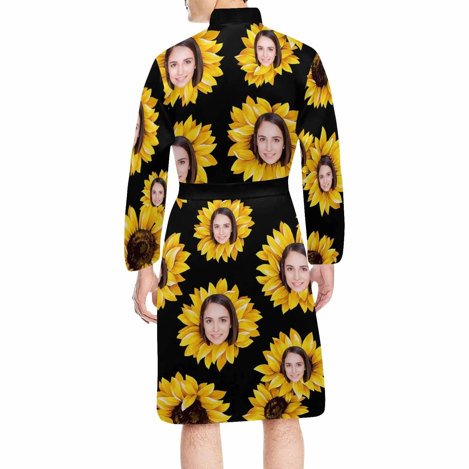 Custom Face Long Sleeve Belted Night Robe for Women Men Sunflower Personalized Pajama Kimono Robe