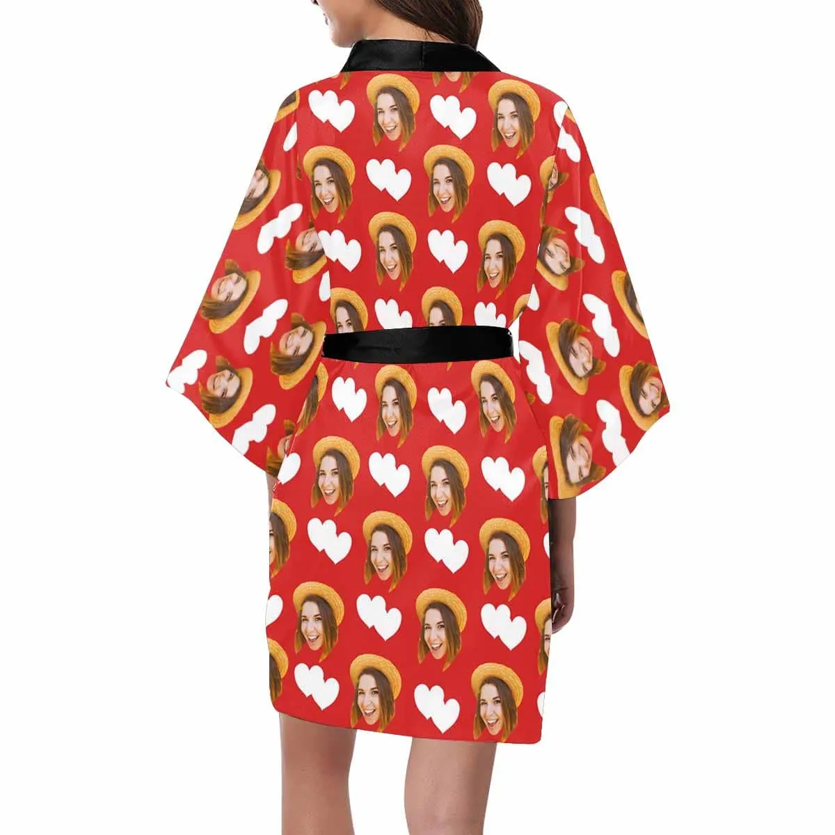 Custom Face Love Heart Red Women's Summer Short Pajamas Personalized Photo Pajamas Kimono Robe