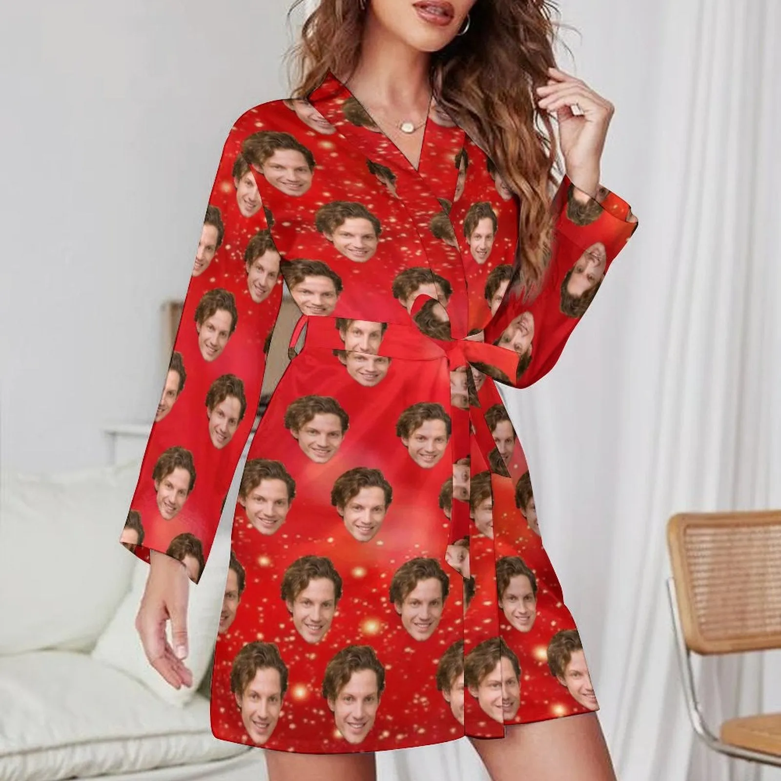 Custom Face Lover Glitter Women's Nightwear Personalized Photo Pajamas Kimono Robe