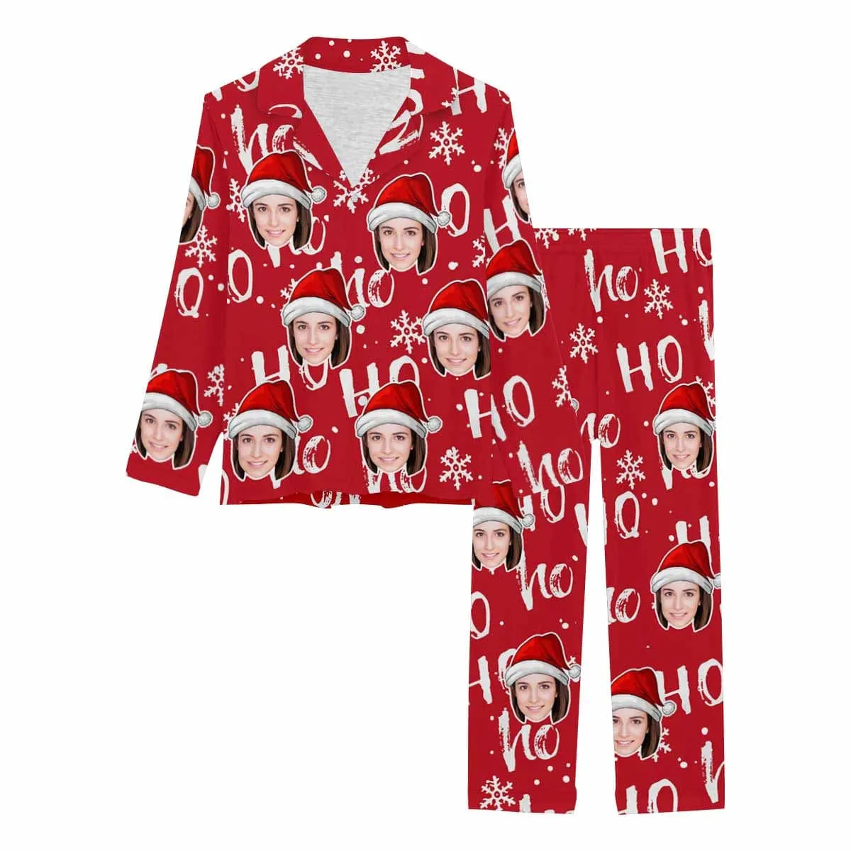 Custom Face Pajamas Christmas Ho Ho Ho Nightwear Personalized Women's Slumber Party Long Pajama Set