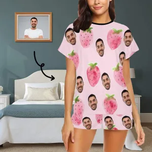 Custom Face Pajamas Watercolor Strawberry Loungewear Personalized Women's Short Pajama Set